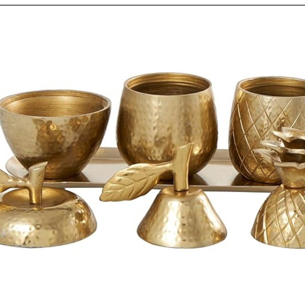 Deco 79 Aluminum Fruit Decorative Jars with Matching Leaf Tray, Set of 4 11" W, - Picture 6 of 10